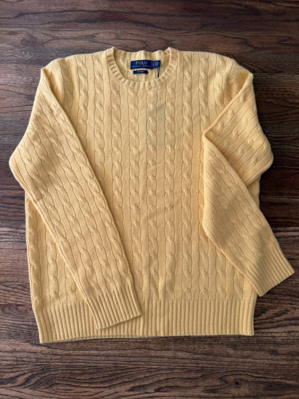 NWT Polo Ralph Lauren Fall Yellow 100% Italian Cashmere Cable Knit Sweater L